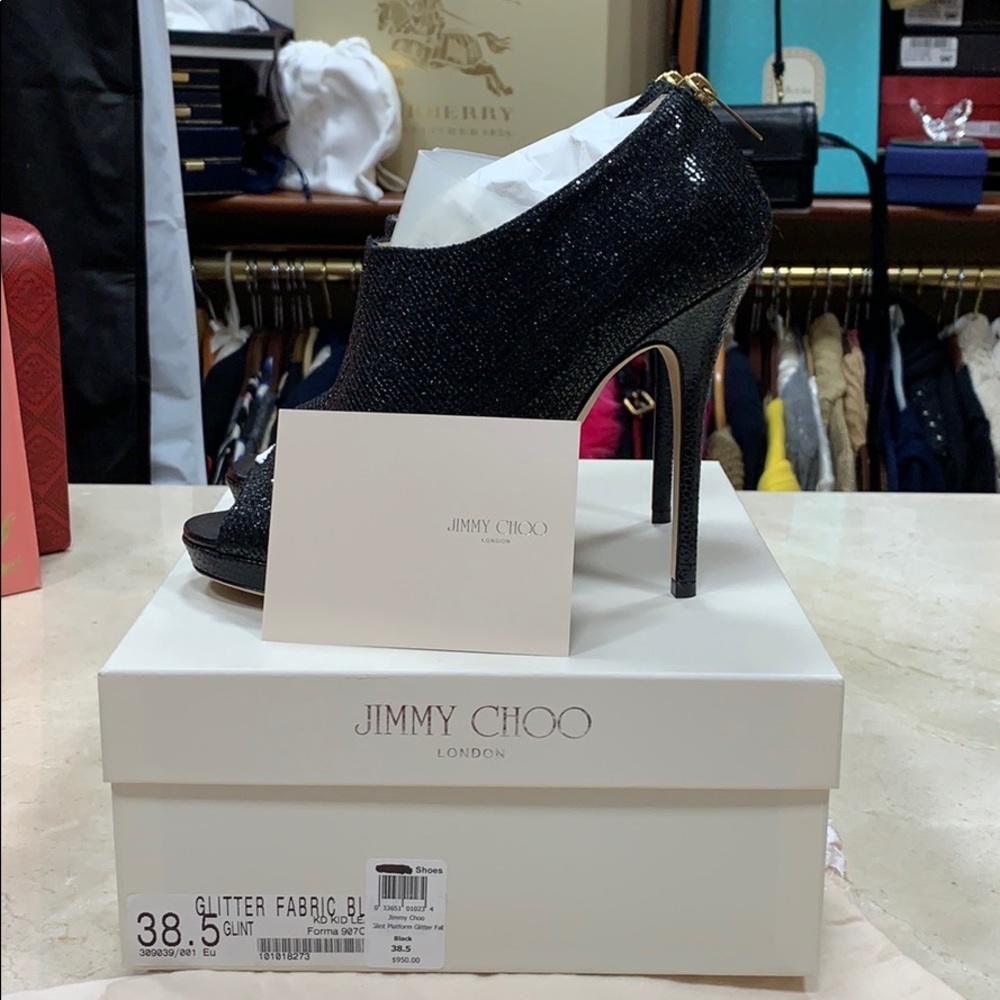 JIMMY CHOO GLINT BLACK KID LEATHER STILETTOS W/PLATFORM BOOTIES EU38.5 - Picture 5 of 8